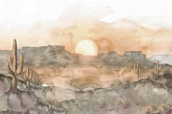 Papier peint  Aquarelle de cactus et montagnes dans le désert