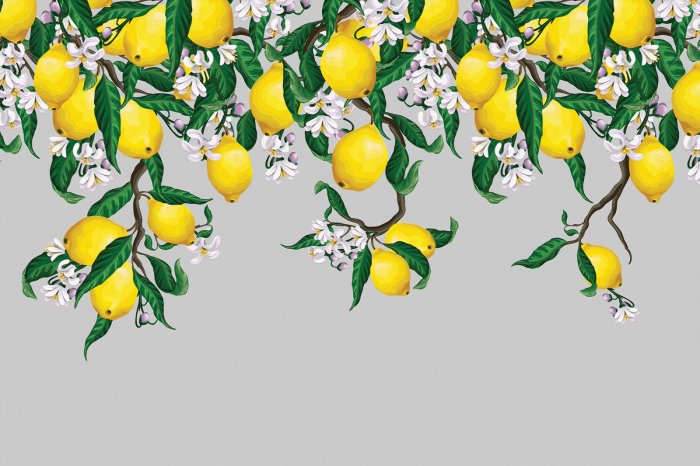 Papier peint  Citrons entourés de fleurs et de feuilles