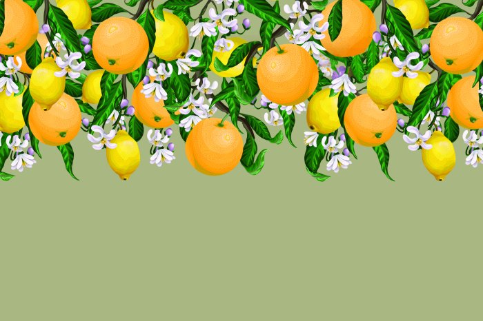 Papier peint  Oranges et citrons parmi les feuilles et les fleurs