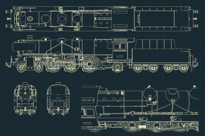 Papier peint  Croquis des pièces d'une locomotive à vapeur