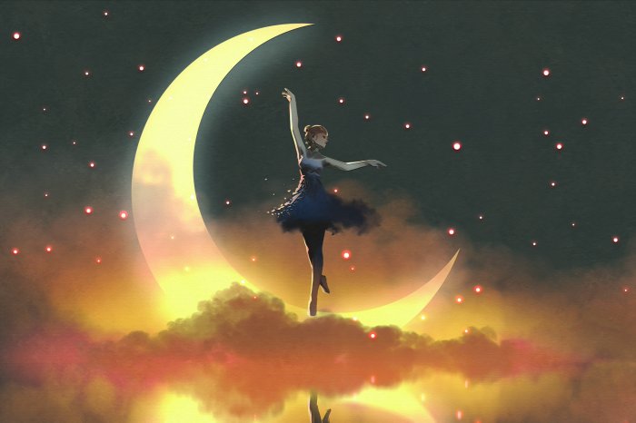 Papier peint  Danseuse debout sur la lune parmi les nuages
