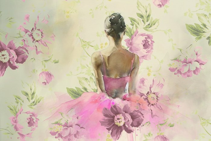 Papier peint  Femme en robe rose parmi les fleurs