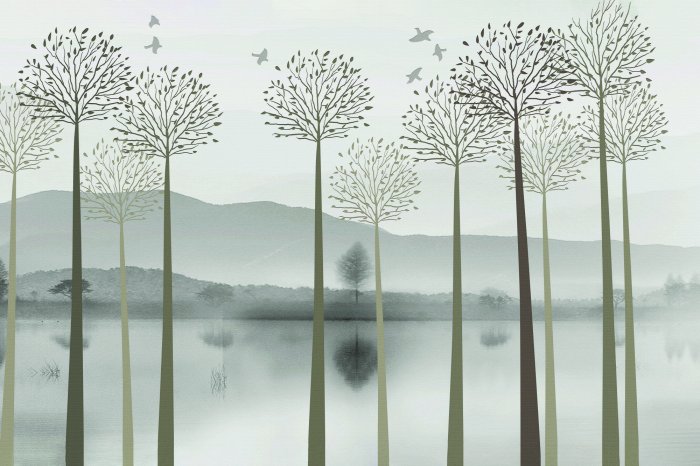 Papier peint  Arbres au bord de la rivière sur fond de montagne