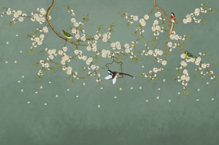Papier peint  Branches de fleur de cerisier avec des oiseaux