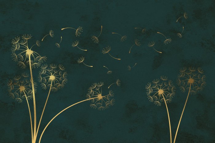 Papier peint  Pissenlits dorés sur fond vert