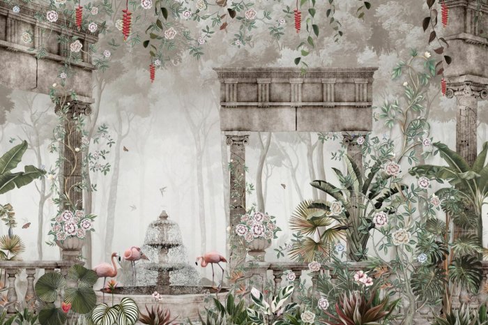 Papier peint  Forêt tropicale avec une fontaine et des colonnes