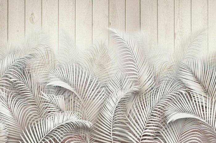 Papier peint  Feuilles de palmier sur des planches en bois