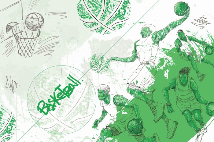 Papier peint  Joueurs de basket lançant au panier dans la verdure