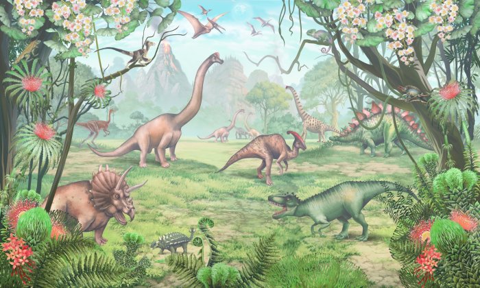 Papier peint  Dinosaures dans les tropiques avec des volcans