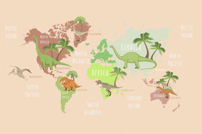 Papier peint  Carte du monde avec des dinosaures et des palmiers