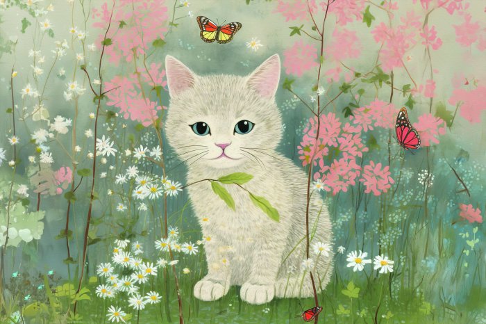 Papier peint  Chat blanc dans un pré avec des fleurs et des papillons
