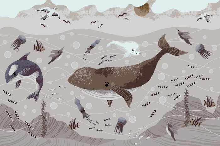Papier peint  Baleine avec des méduses dans le monde sous-marin