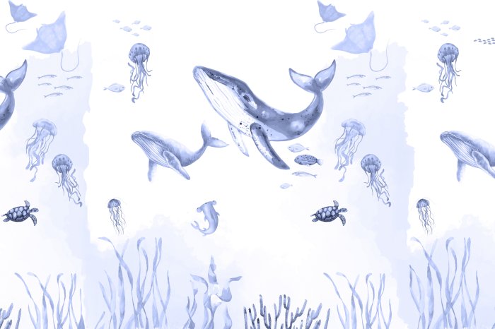 Papier peint  Baleine avec des méduses parmi la végétation marine