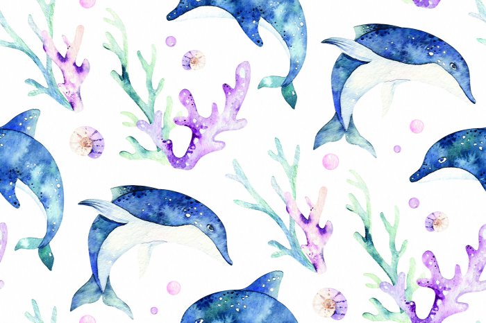 Papier peint  Dessin peint avec des dauphins et un récif