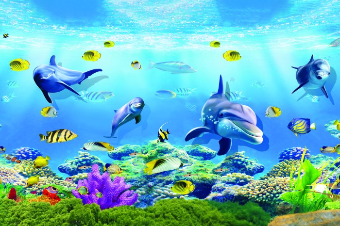 Papier peint  Monde sous-marin coloré avec des dauphins