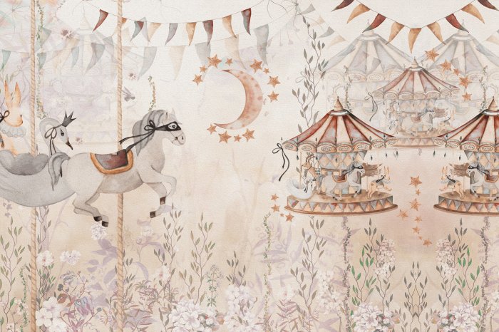 Papier peint  Végétation féerique avec carrousels et chevaux
