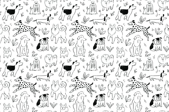 Papier peint  Chiens dessinés dans une clairière avec des fleurs