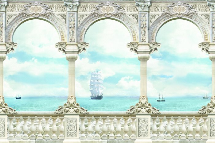 Papier peint  Navires en mer vus depuis une terrasse historique