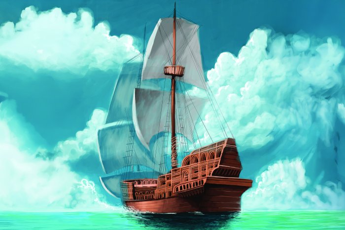 Papier peint  Navire en bois avec des voiles blanches sur la mer