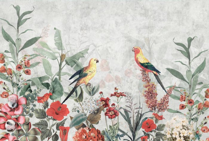Papier peint  Fleurs tropicales rouges, feuilles et perroquets