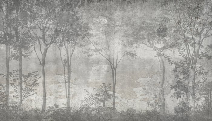 Papier peint  Paysage forestier en nuances de gris avec des arbres sur fond en béton