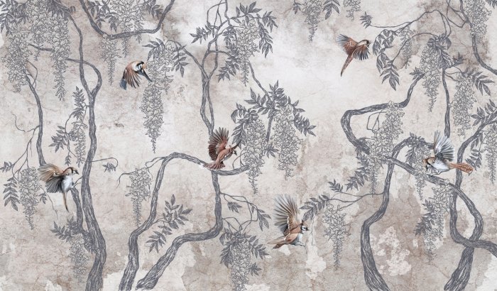 Papier peint  Oiseaux parmi les fleurs de glycine