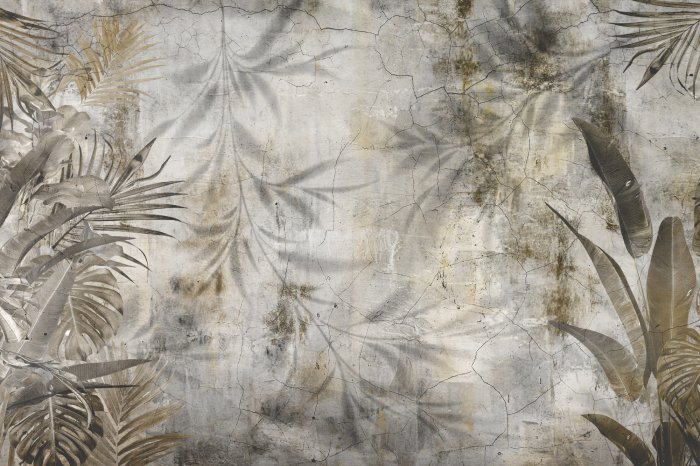 Papier peint  Feuilles exotiques sur béton nature