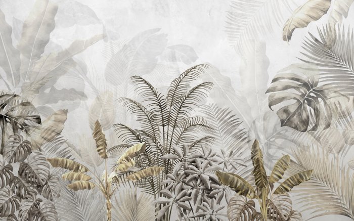 Papier peint  Plantes Tropicales Palmier Monstera Feuilles sur un Fond Gris