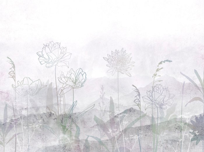 Papier peint  Fleurs Sauvages et Plantes sur un Fond de Paysage Montagneux