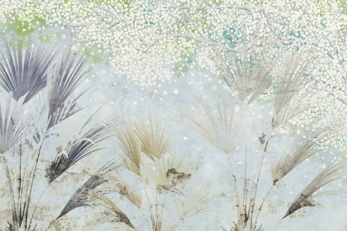 Papier peint  Arbre en Fleurs et Feuilles de Palmier sur un Fond en Béton