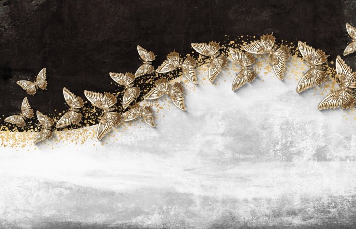 Papier peint  Papillons 3D Dorés sur un Fond en Béton