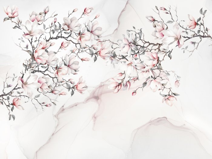Papier peint  Magnolia Fleurs Blanches et Roses sur Fond en Marbre