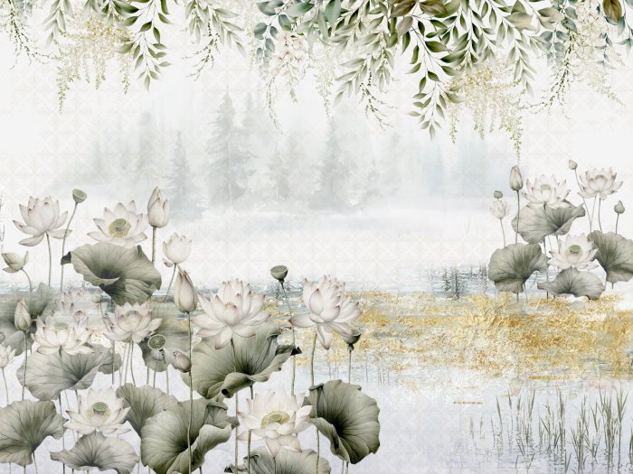 Papier peint  Fresque de Nénuphars et Feuilles Vertes dans un Style Moderne