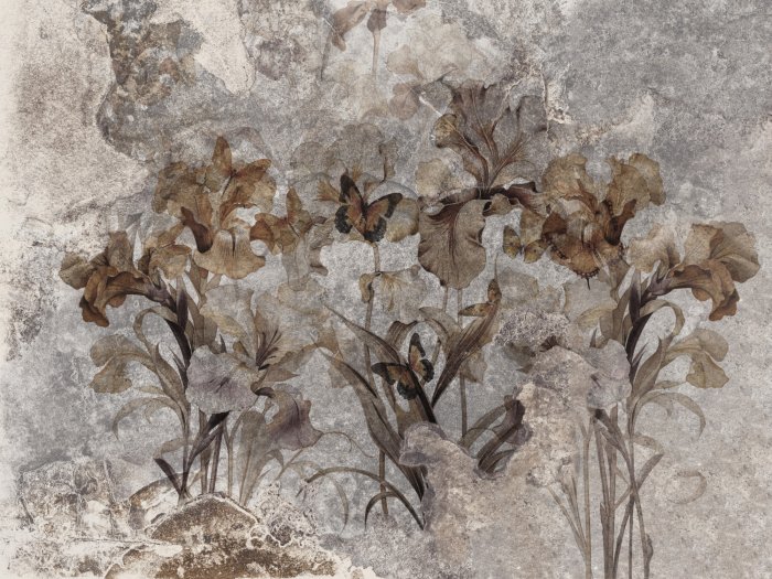 Papier peint  Fleurs et Papillons sur Fond en Béton Motif de Style Vintage