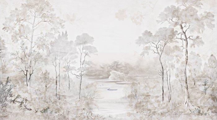 Papier peint  Paysage avec Arbres et Rivière en Tons de Beige