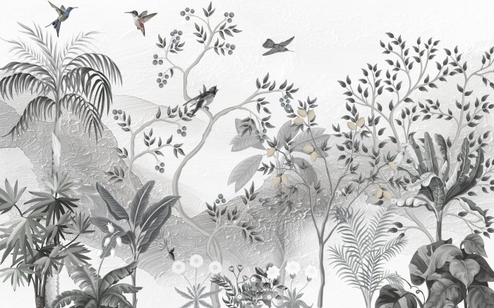 Papier peint  Paysage avec Arbre et Oiseaux sur Fond de Montagnes Fresque