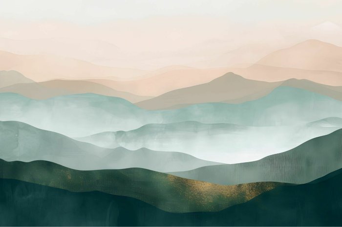 Papier peint  Paysage Minimaliste avec des Montagnes dans des Couleurs Vertes et Beiges