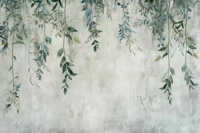 Papier peint  Feuilles Suspendues en Haut sur un Fond en Béton Gris
