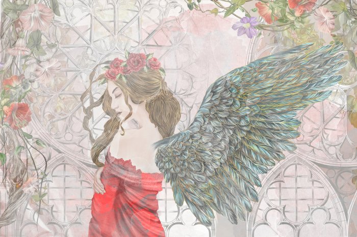 Papier peint  Femme Ange au Style Gothique avec Fleurs et Ornements