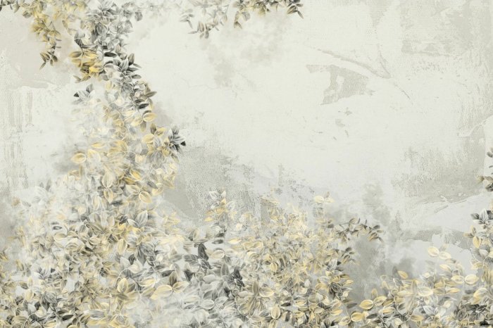 Papier peint  Feuilles grises et jaunes sur du béton