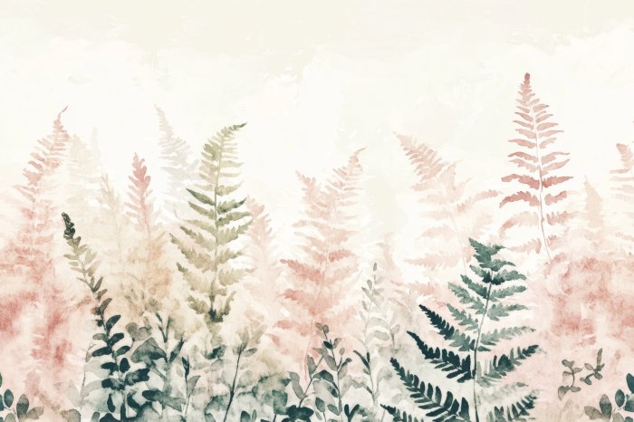 Papier peint  Feuilles de fougère roses et vertes