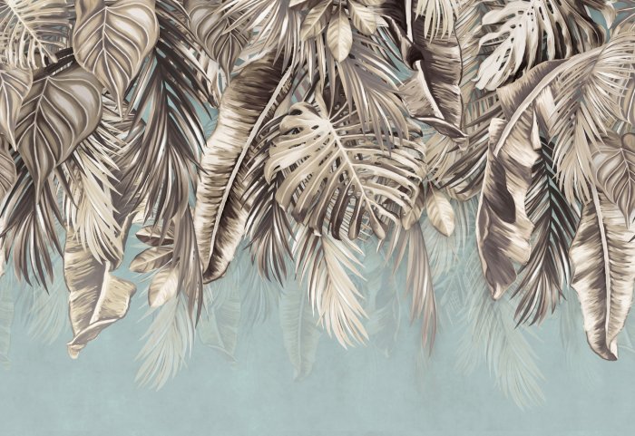 Papier peint  Feuilles de palmier et de monstera sur fond bleu