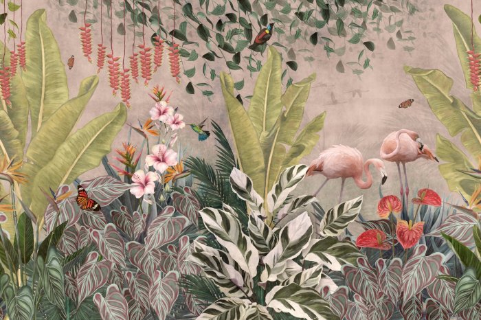 Papier peint  Paradis tropical avec des flamants parmi les fleurs