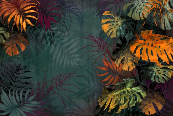 Papier peint  Feuilles de monstera colorées sur fond vert