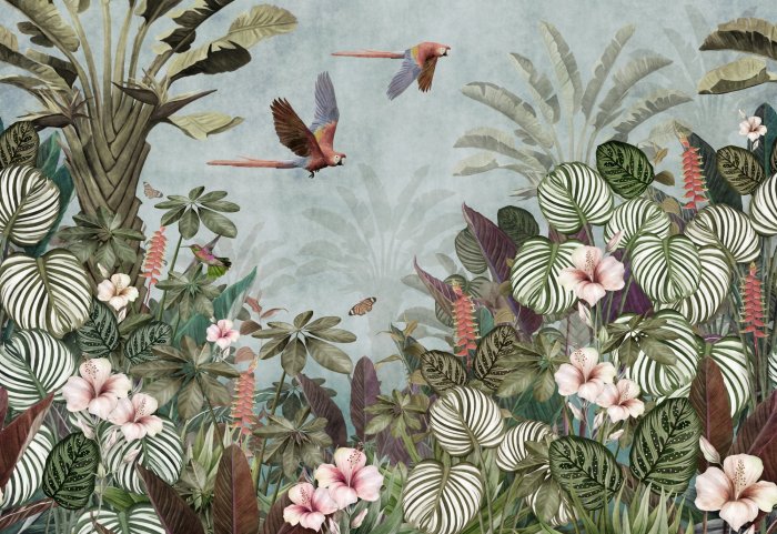 Papier peint  Jungle tropicale avec des fleurs et des oiseaux