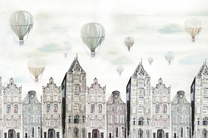 Papier peint  Ville aquarelle paysage avec des ballons dans le ciel