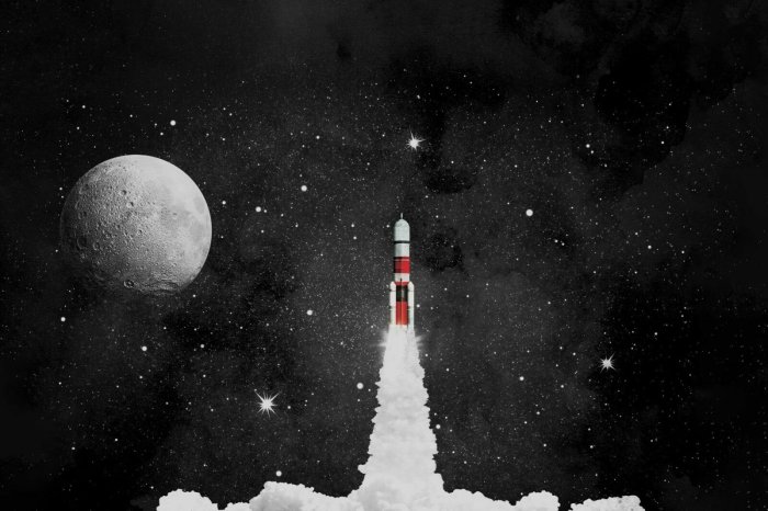 Papier peint  Fusée sur fond de ciel étoilé et lune illustration