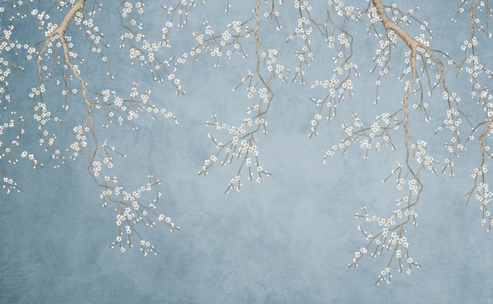 Papier peint  Délicates fleurs de cerisier sur fond bleu