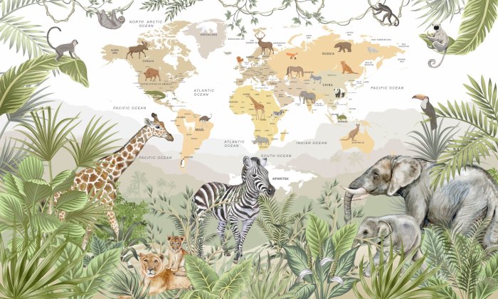 Papier peint  Carte du monde pour enfants avec des animaux