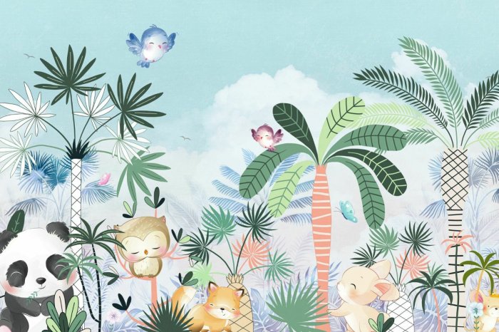 Papier peint  Paysage de la jungle avec des animaux pour enfants
